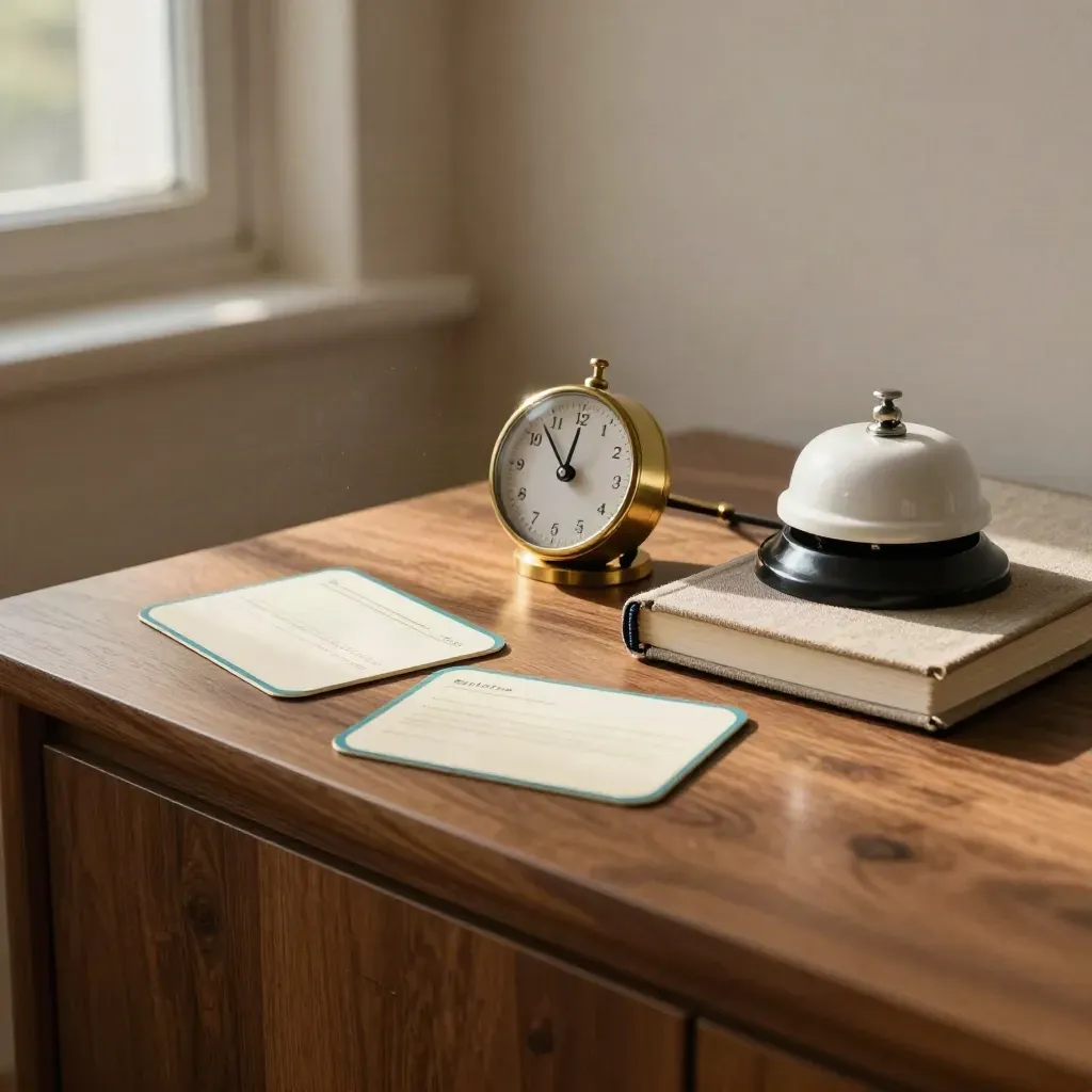 Trainerkit met timer, notitieboek en bel op een warme houten kast