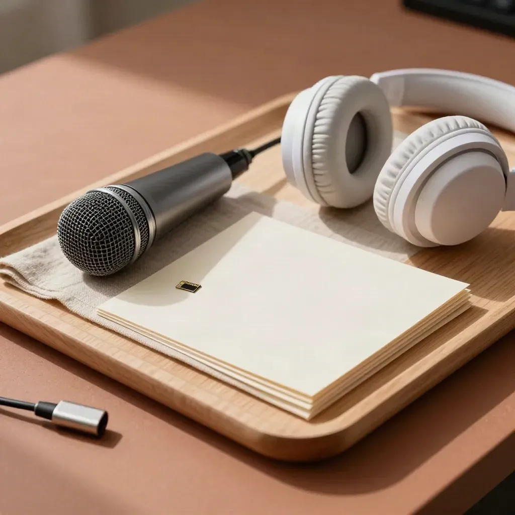 Witte koptelefoon, microfoon en geheugenkaart op een terracotta werkblad met kaartjes.
