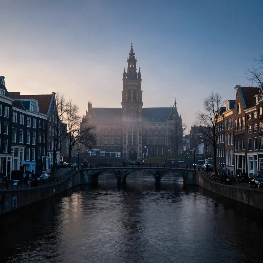 Amsterdamse gracht met de Westerkerk bij blauw uurtje en mist