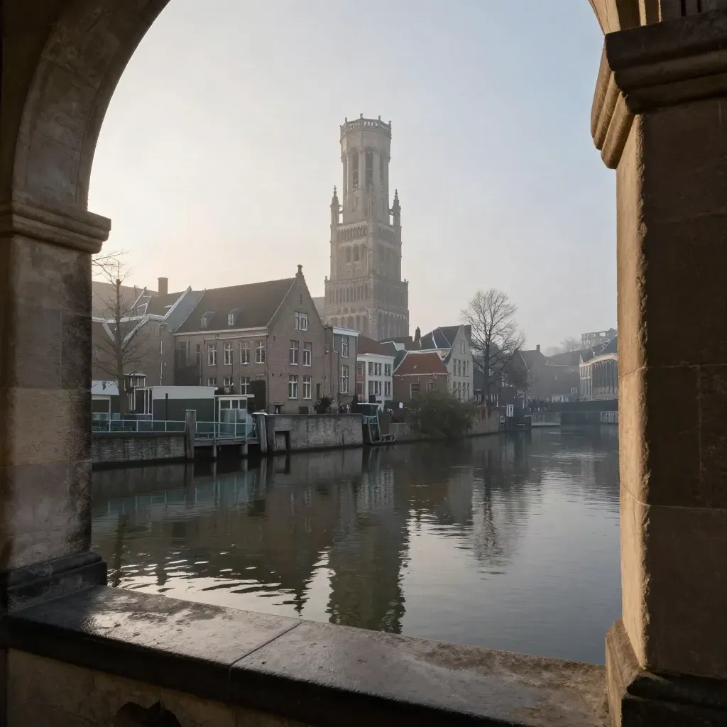 Domtoren boven Utrechtse werfkades in ochtendmist, gezien door een stenen opening met stil water